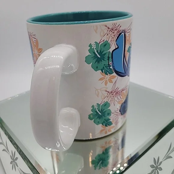 Disney Lilo & Stitch Tropical 20oz Ceramic Mug Large Floral White Teal Inside - Picture 3 of 12